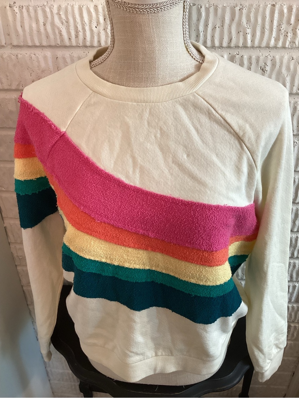 MARINE LAYER Women's Sz M Antique White Rainbow Wave Terry Sweatshirt Retro Boho